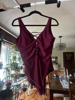 Mossimo Women's Lace-Up Plunge One-Piece Swimsuit with Low Back - Burgundy
